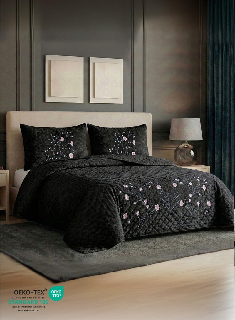 كوتون هوم Cotton Home Velvet Quilt Set 3-Piece Diamond Quilted Bedspread Set 220×240cm with two pillow case Black - Image 2